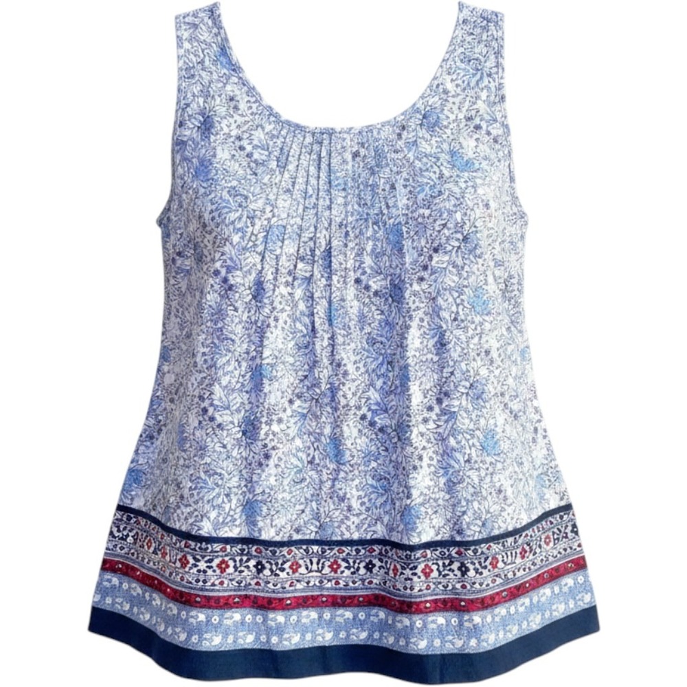 Charter Club Tank Top Womens Large Blue Floral Pintuck Boho Sleeveless Blouse